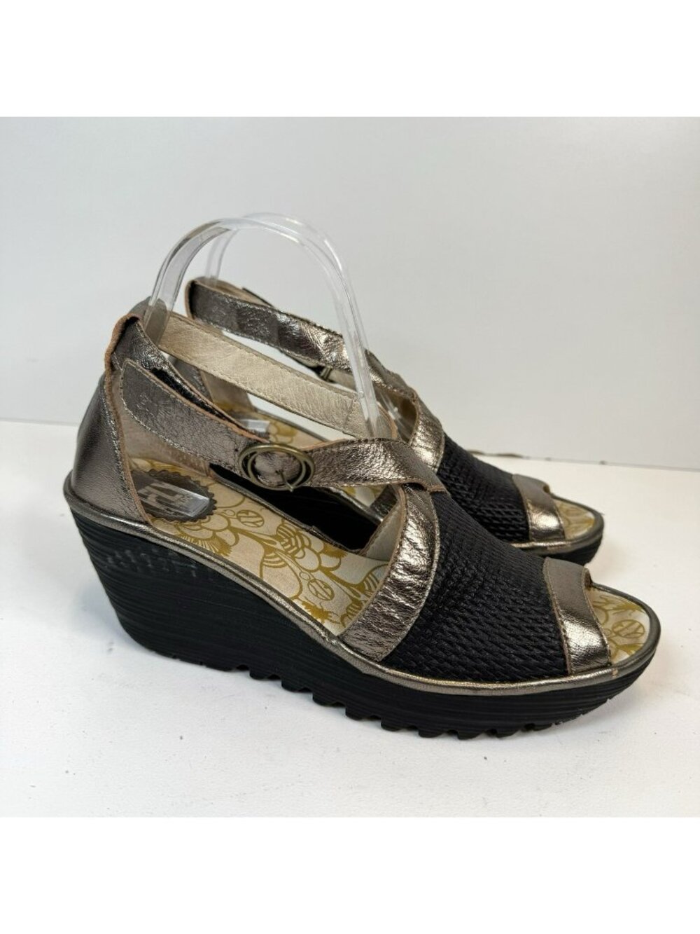 Fly London Yace Wedge Sandals Shoes Size 39 US 8/8.5 Black Gold Perf Open Toe